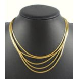 Foreign yellow metal textured 5 strand necklace, the clasp stamped “585”, L 48cm overall, 59grs