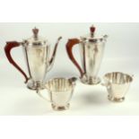 Art Deco silver 4 piece coffee set comprising a coffee pot, hot milk jug, sugar basin and cream jug,