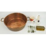 Victorian copper circular 2 handled preserving pan, D 38.5cm, Staffordshire porcellaneous group of a