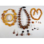 Amber baroque bead necklace, L 44cm, gross 36.7grs, 2 imitation amber necklaces and 11 other