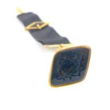 15ct gold lozenge shaped seal with engraved monogram, on silk and gold suspender, L 18.4cm, gross