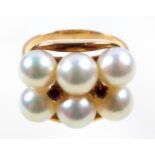Yellow metal ring set 6 cultured pearls and 2 rubies, stamped 14K, gross 5.6grs