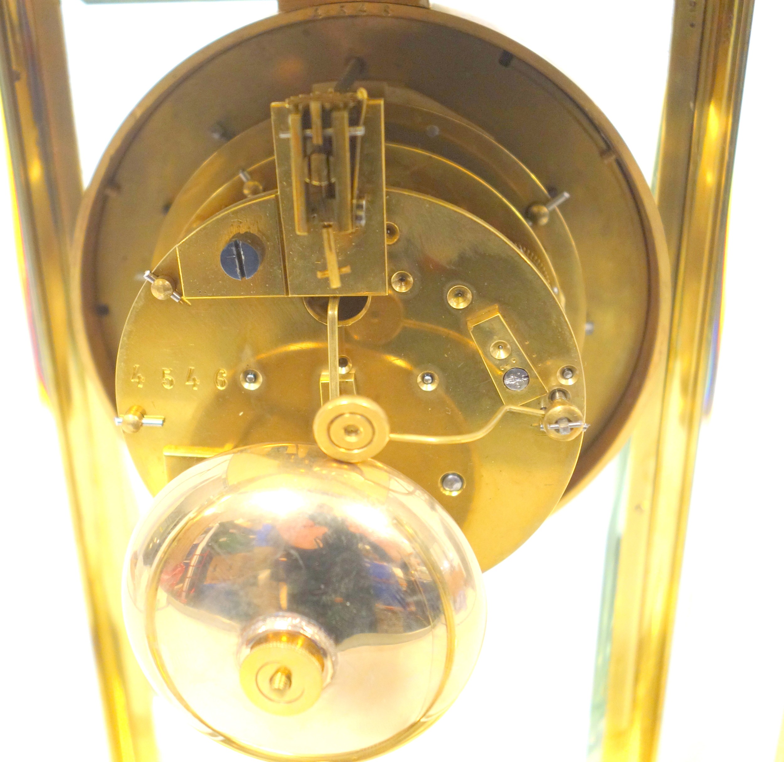 Late 19th century 4-glass clock with a gilt circular dial with visible escapement, white enamelled - Image 6 of 8