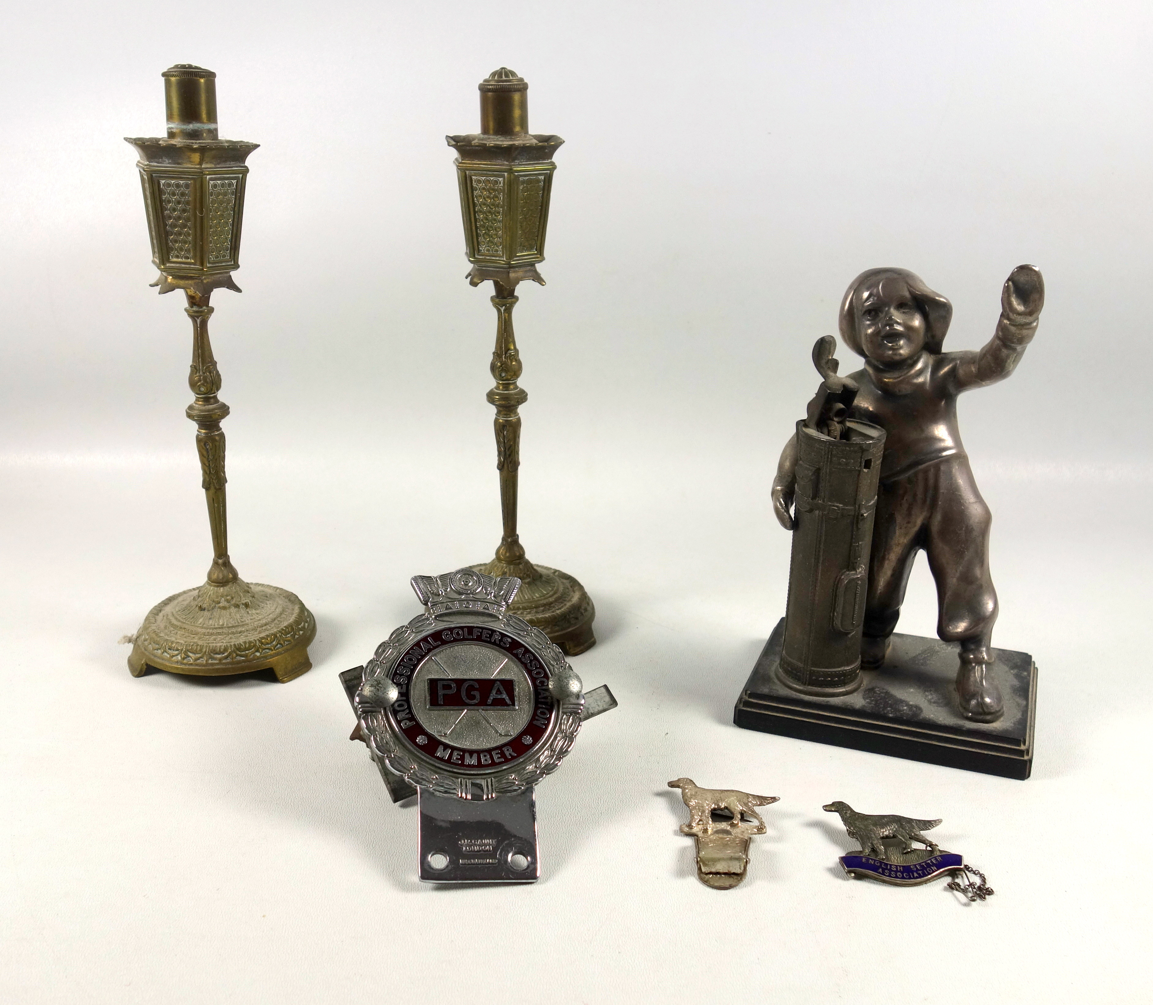 Pair of brass table lighters in the form of street lanterns, 24cm; a pewter table lighter in the