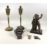 Pair of brass table lighters in the form of street lanterns, 24cm; a pewter table lighter in the