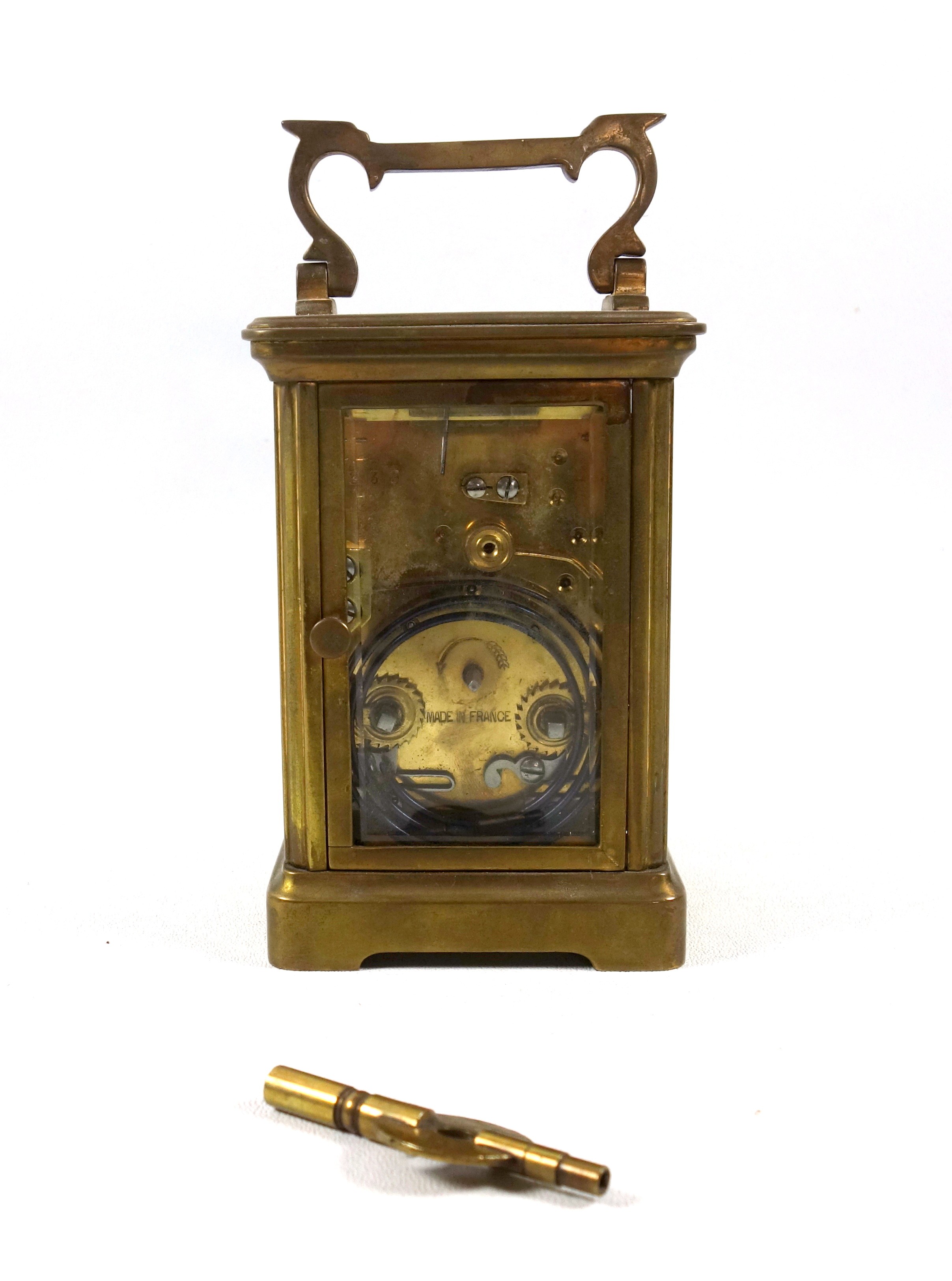 An early 20th century brass carriage timepiece with white Roman numeric dial, marked "P. Orr & - Image 4 of 9