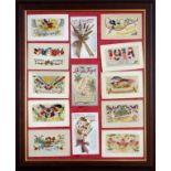 10 WW1 silk postcards and 3 other cards mounted in a glazed frame, 57 x 47cm overall