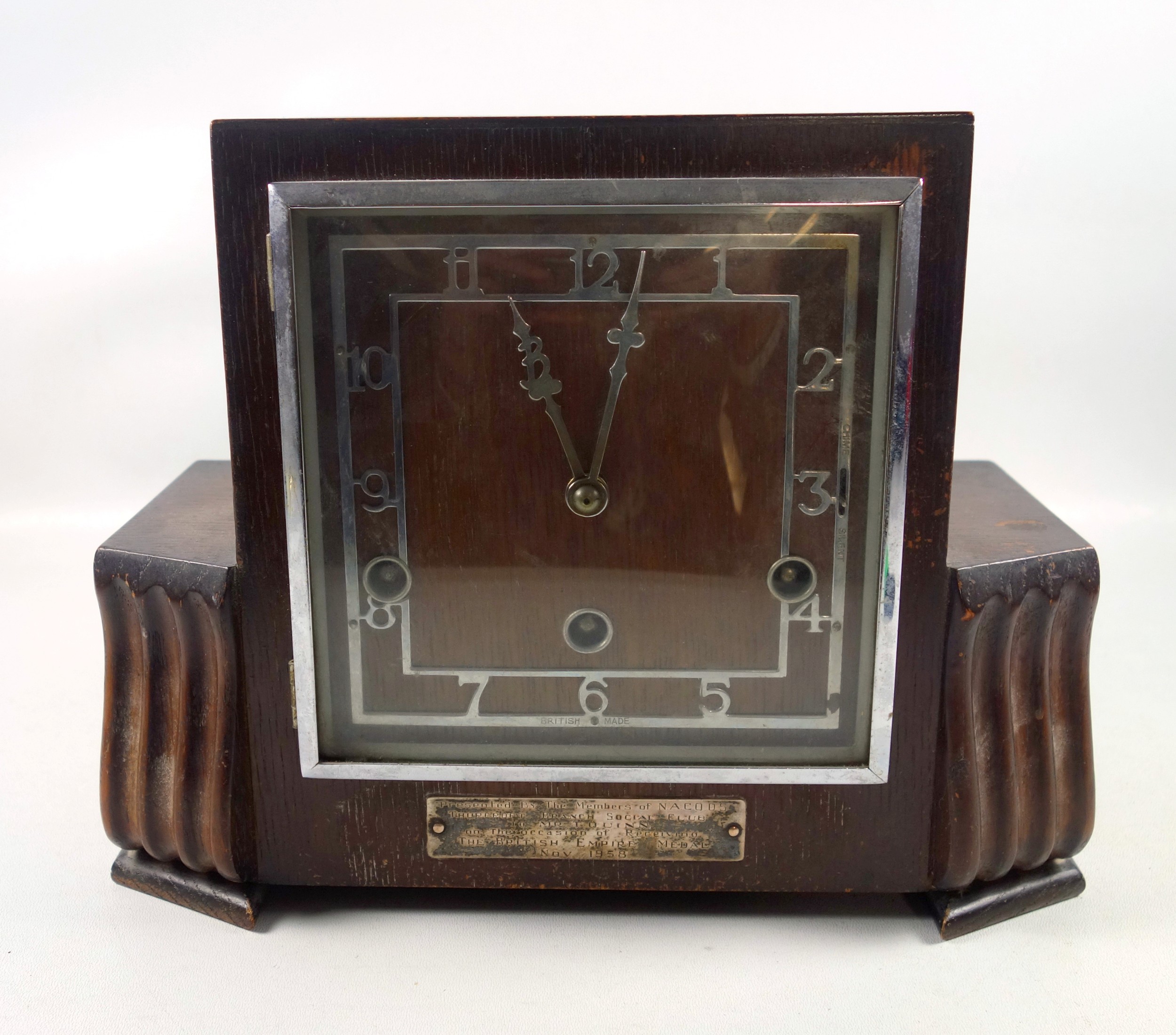 British Art deco period mantel clock with an 8 day movement, chime striking on straight gongs, in an