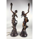 Pair of bronzed effect lamps in the Classical style, depicting dancing ladies. One stamped 59 to the