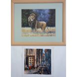 Robert Aswani (b.1971) Lion standing proud, acrylic on canvas, signed, 27 x 34cm; African street