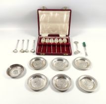 4 Egyptian white metal dishes; another dish; set of 6 Chinese coffee spoons with handles styled as