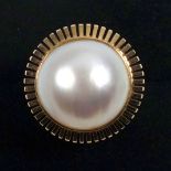 Yellow metal ring set cultured pearl, stamped 14K, gross 7.4grs