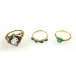 9ct gold ring with 4 emeralds and 3 illusion set diamonds, yellow metal ring set emerald, and