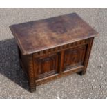 Victorian small carved oak chest with double arched panelled front, 45 x 61 x 36cm overall