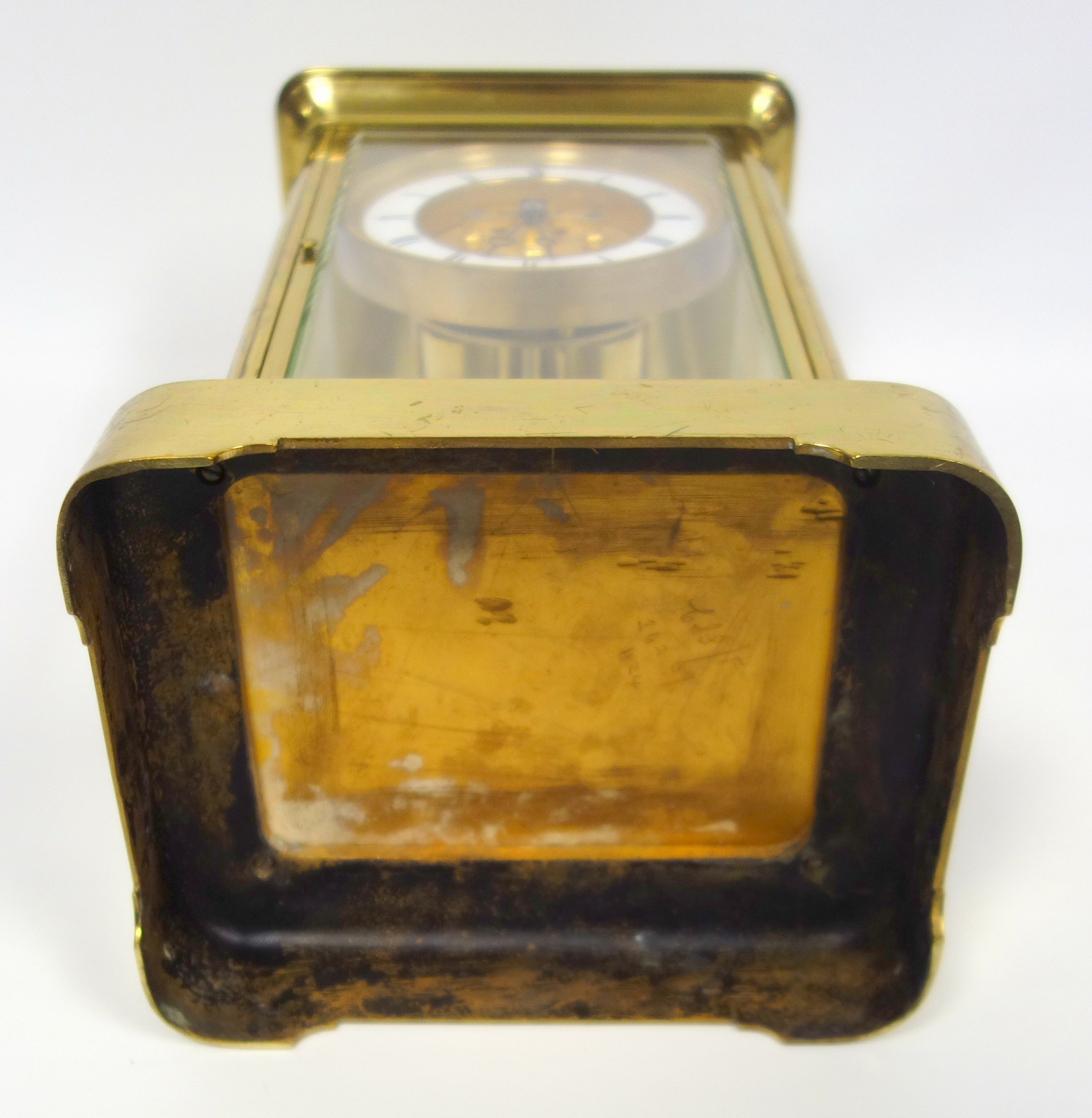 Late 19th century 4-glass clock with a gilt circular dial with visible escapement, white enamelled - Image 8 of 8