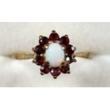 9ct gold opal and garnet floral ring, gross 1.9 grams (1 garnet missing) Necklaces, brooches and