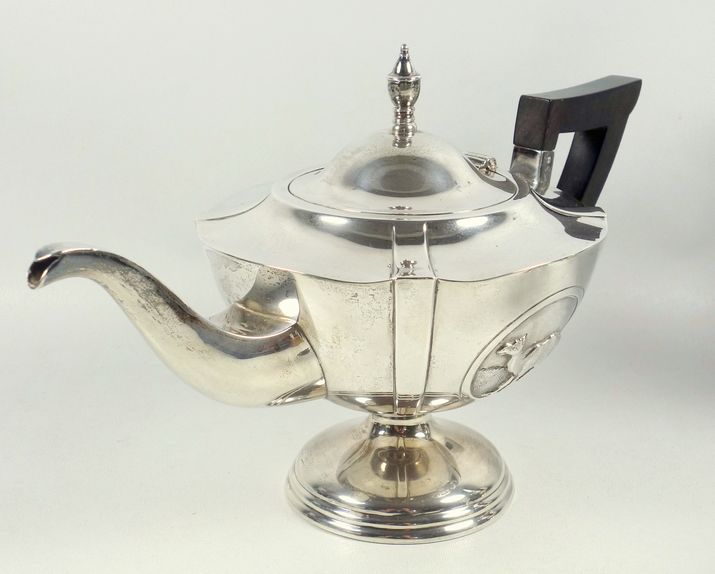 Near Eastern white metal 4 piece tea and coffee set comprising a teapot of tapering circular form, - Image 4 of 14