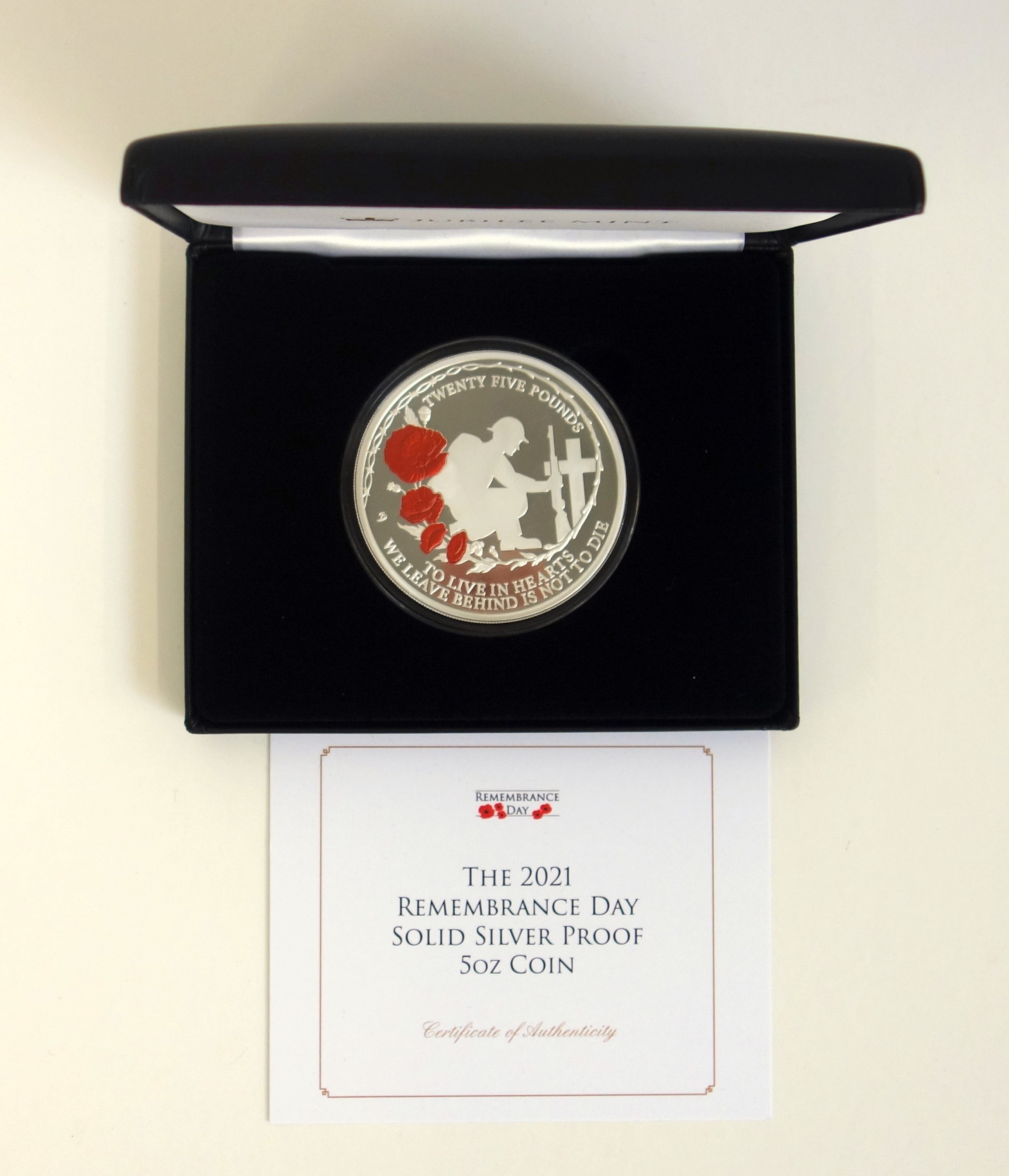 Jubilee Mint Alderney Proof silver Remembrance Day £25s, 5 of coin, 2021, with C of A, in capsule,