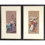 A pair of Japanese watercolours on tissue paper depicting ladies in kimonos, signed. 24cm x 11.5cm