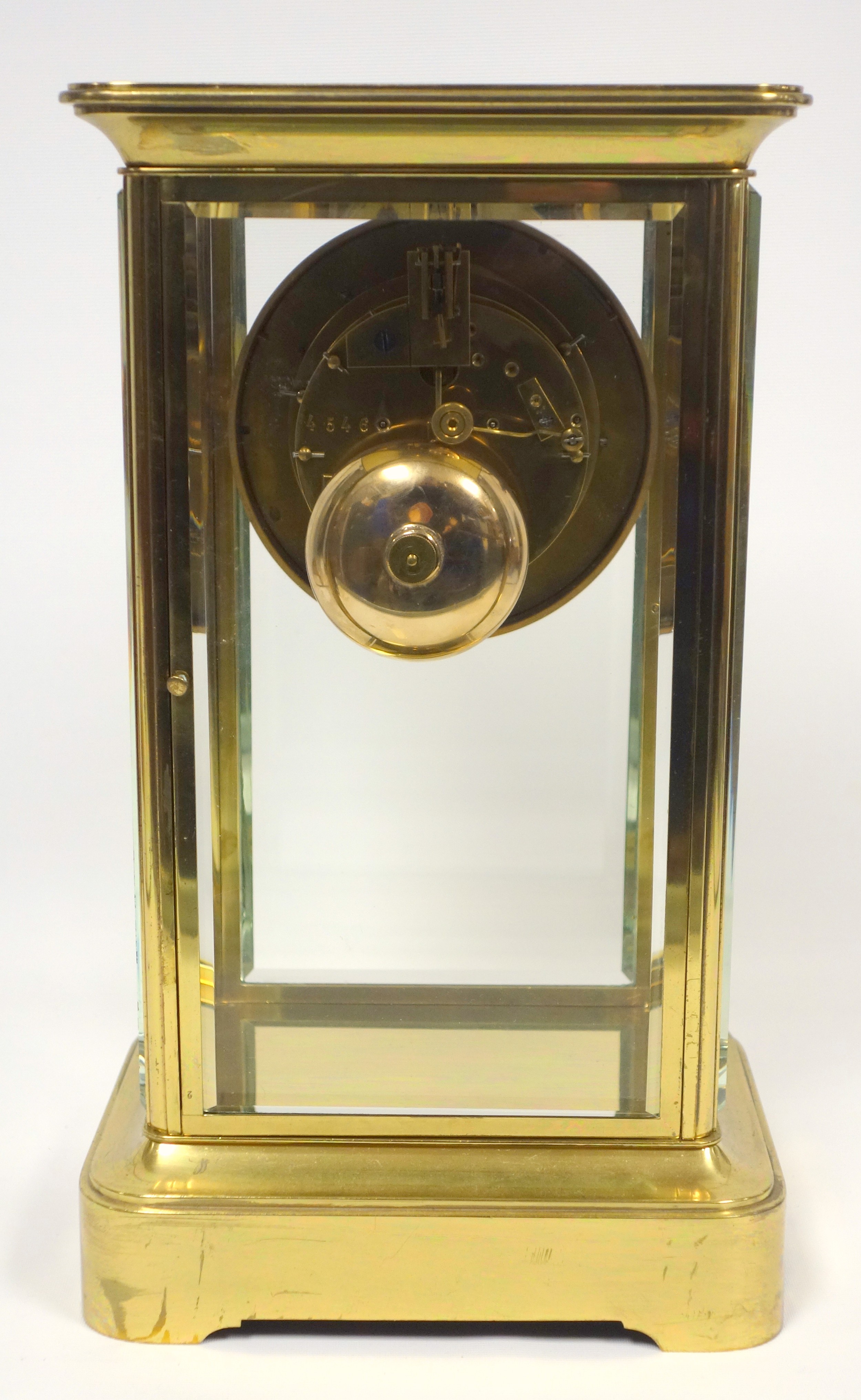 Late 19th century 4-glass clock with a gilt circular dial with visible escapement, white enamelled - Image 5 of 8