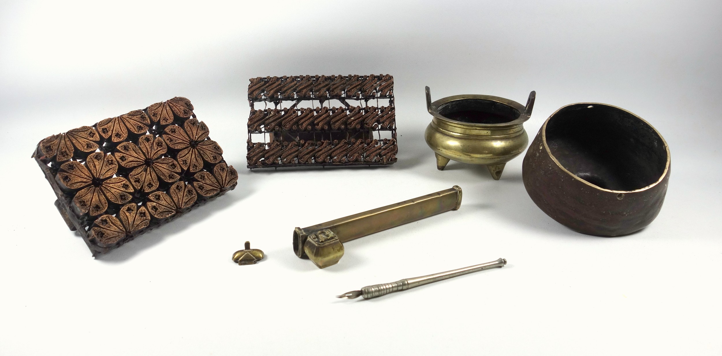 An Ottoman brass Qalamdan travelling quill holder with inkwell and pen 19cm a/f, A Chinese brass