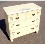Victorian cream painted pine chest with 2 short, 2 graduated long drawers, painted with flowering
