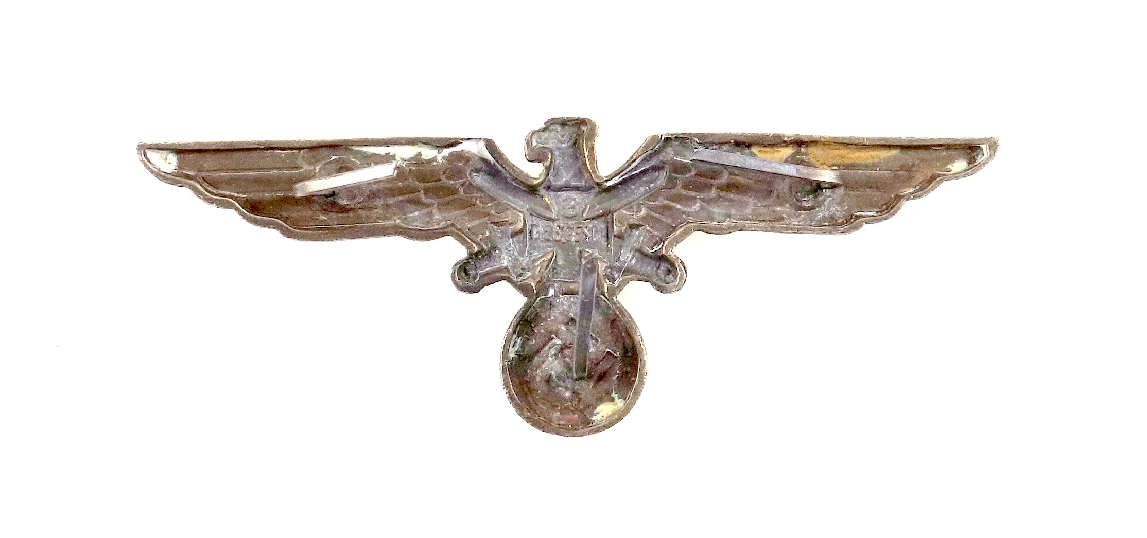 WW2 German Eagle and crossed swords cap badge, the reverse with three metal prongs and stamped 3 - Image 2 of 2