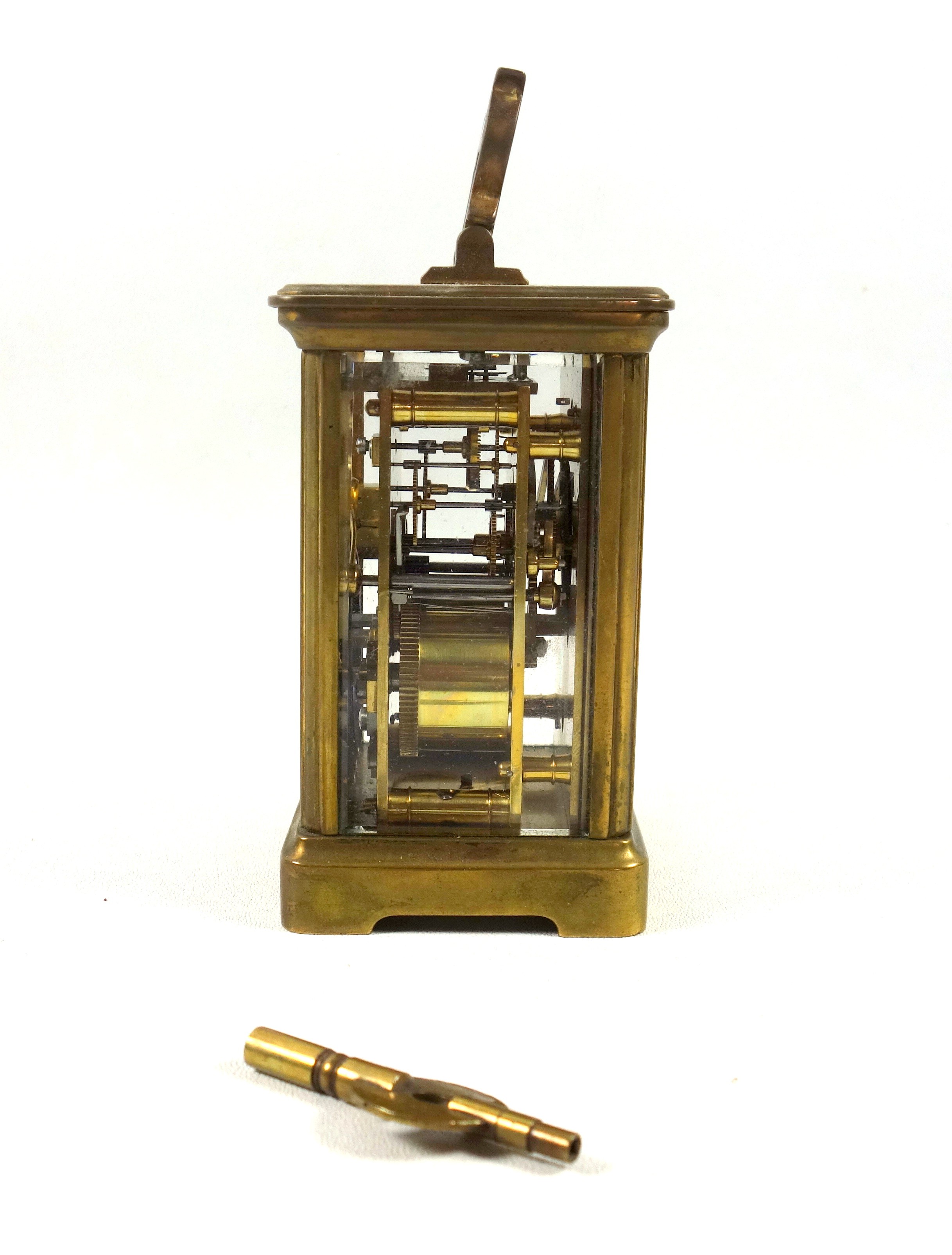 An early 20th century brass carriage timepiece with white Roman numeric dial, marked "P. Orr & - Image 5 of 9