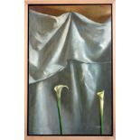 Anna Hyunsook Paik (Contemporary) Still Life of two Lilies before a white drape, oil on canvas,