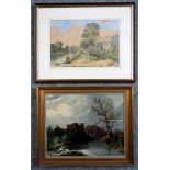 19th century river landscape with castle, oil on board, unsigned, 29.5 x 37cm, a/f; and a similar