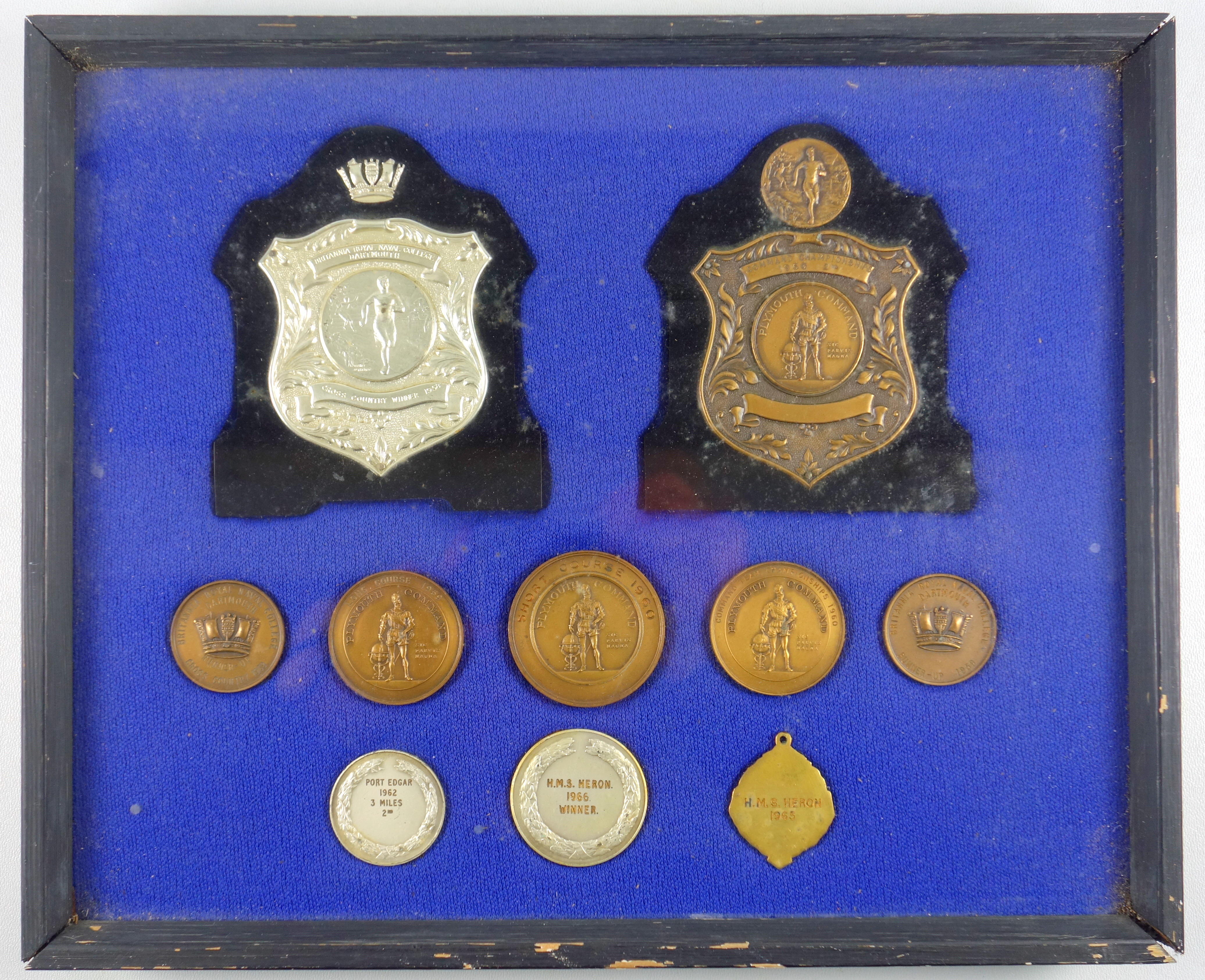 Set of 10 naval sporting medals comprising a silver plaque inscribed "Britannia Royal Naval College,