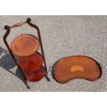 Edwardian inlaid mahogany galleried kidney shaped tray with brass handles, W.60.5cm, and an inlaid