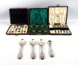 3 Victorian silver Fiddle, Thread and Shell teaspoons, London 1873; Kings's pattern salt spoon,