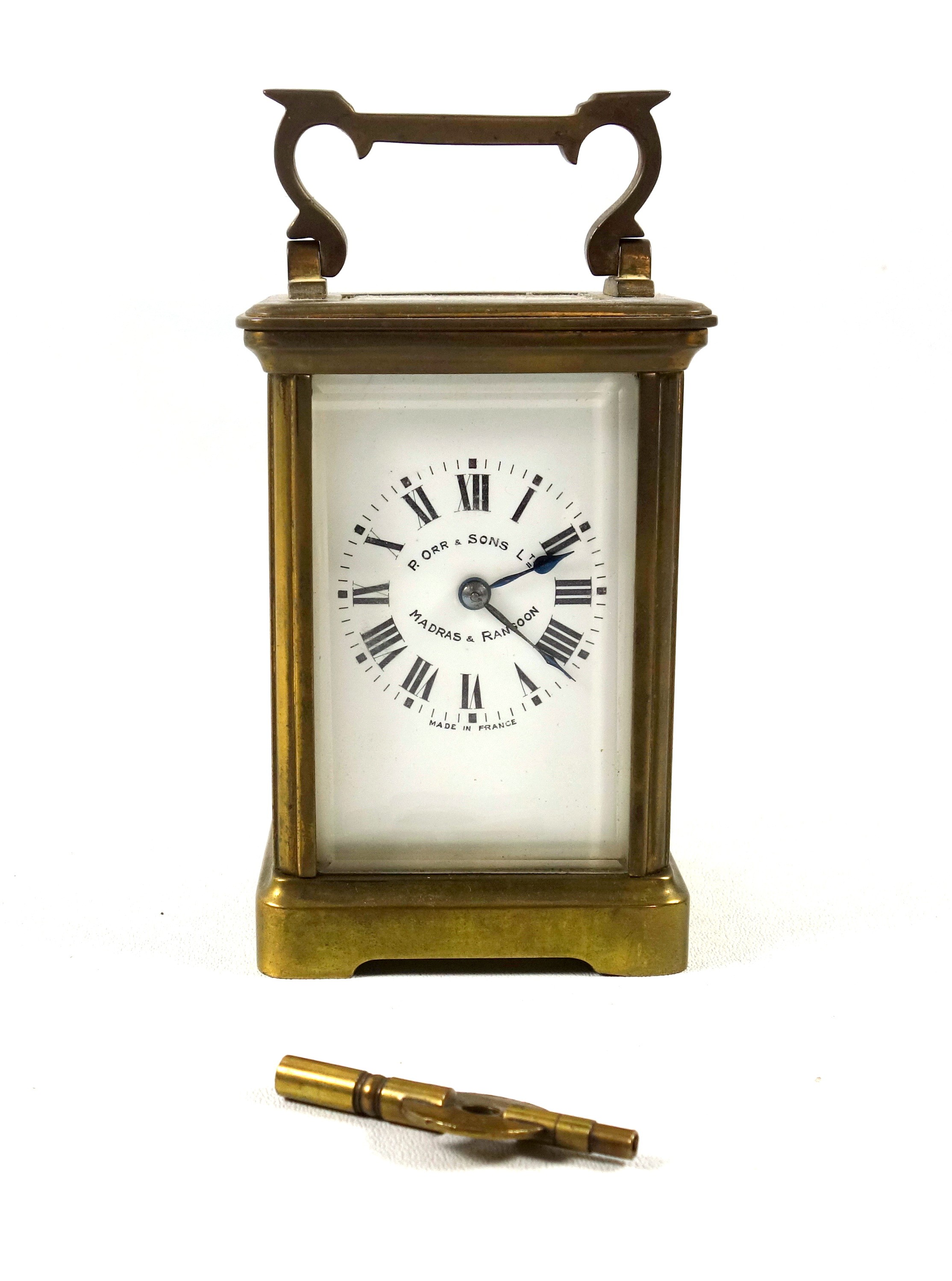 An early 20th century brass carriage timepiece with white Roman numeric dial, marked "P. Orr & - Image 2 of 9