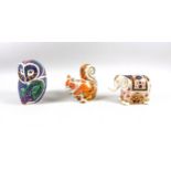 Royal Crown Derby bone china "Periwinkle Owl", 10.7cm; "Autumn Squirrel" and "Imari Elephant