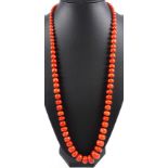 Graduated coral bead necklace with a barrel clasp marked "585", L.82cm, 107.6grs