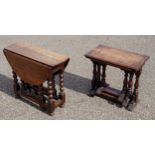 Nest of 3 elm refectory style coffee tables on twin baluster supports, 46 x 50.5 x 29cm, and an