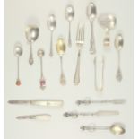 Late Victorian silver King’s pattern egg spoon, caddy spoon, 6 other spoons, fork, pair of tongs,