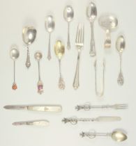 Late Victorian silver King’s pattern egg spoon, caddy spoon, 6 other spoons, fork, pair of tongs,