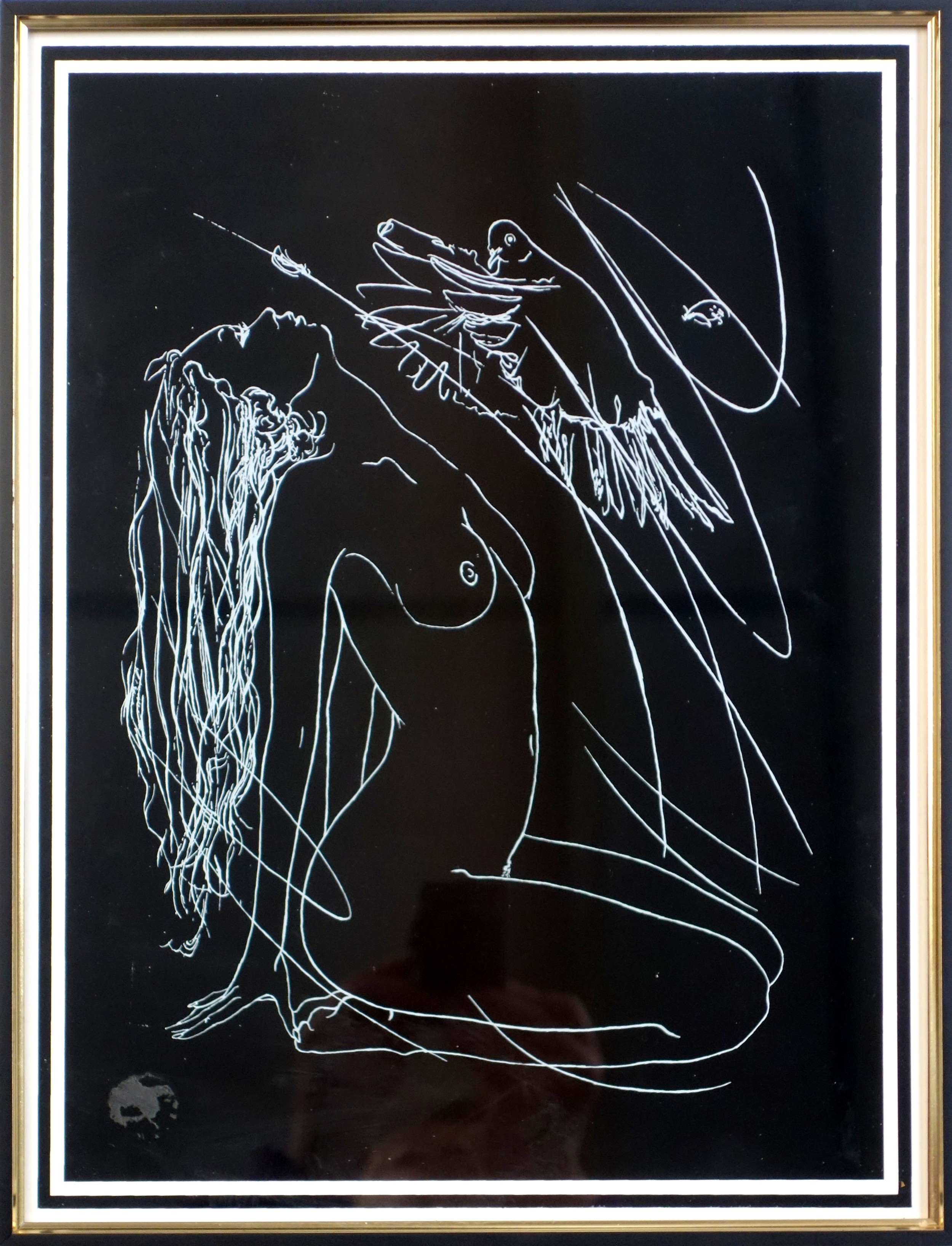 Female nude with dove, gouache on black ground, indistinctly signed on reverse and dated "24 05 91",