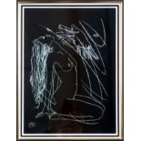 Female nude with dove, gouache on black ground, indistinctly signed on reverse and dated "24 05 91",