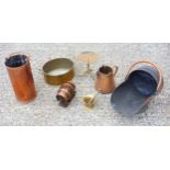 Copper coal scuttle, miniature brass fender, spirit barrel on stand, pestle and mortar, and 3
