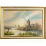 Owens (1947-2006) 'Windmills by the Water's Edge' signed oil on canvas 49.5cm x 75cm, and Holman '