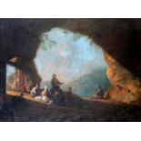 19th century Continental school, figures and a dog resting in a mountain side cave, oil on canvas,