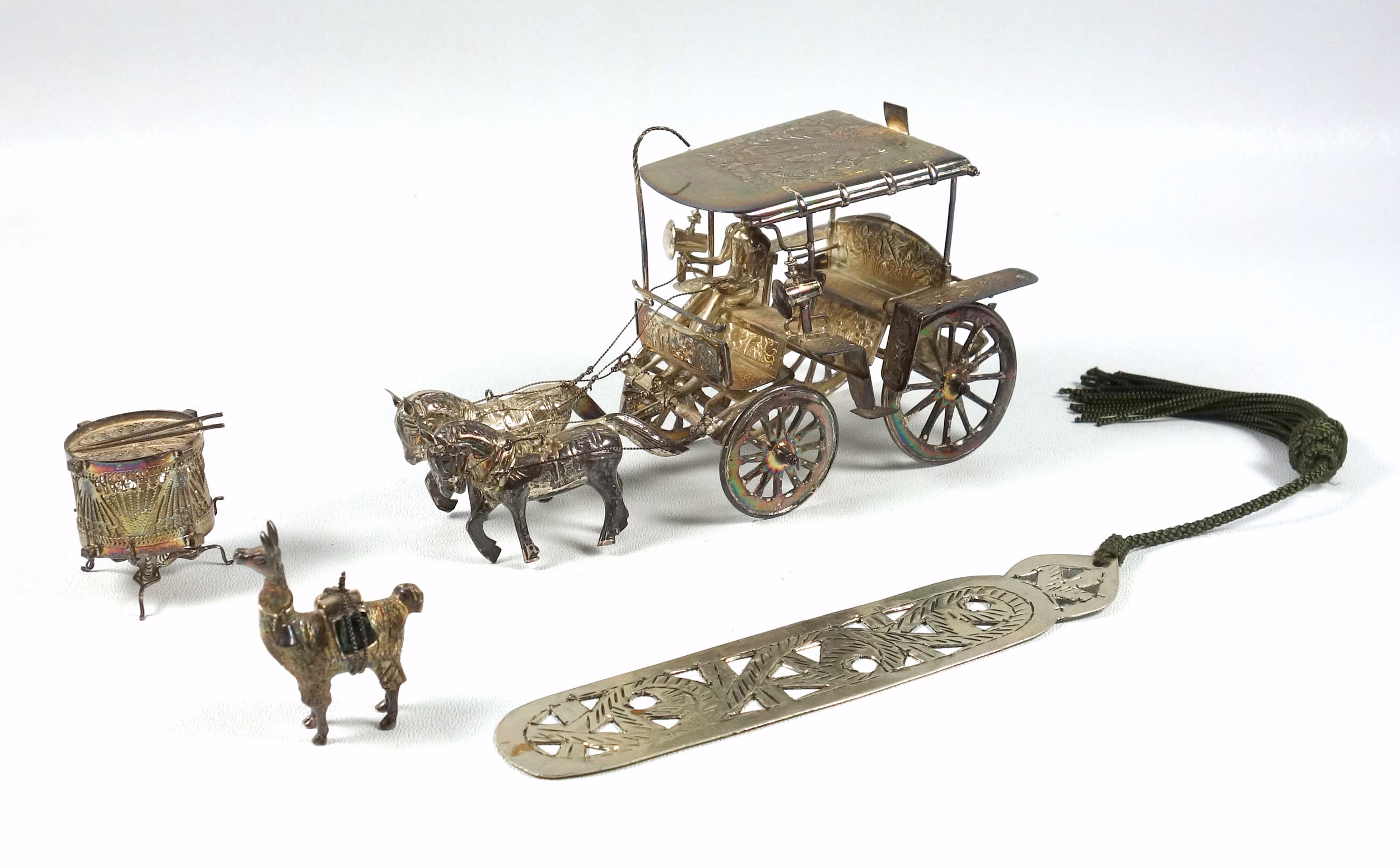 Burmese white metal model of a covered carriage with figure and 2 horses, L 15.7cm, model of a