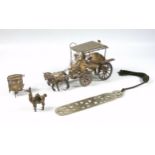 Burmese white metal model of a covered carriage with figure and 2 horses, L 15.7cm, model of a