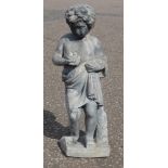Victorian lead figure of a putto, standing and holding a nest with 2 birds, H.64.5cm