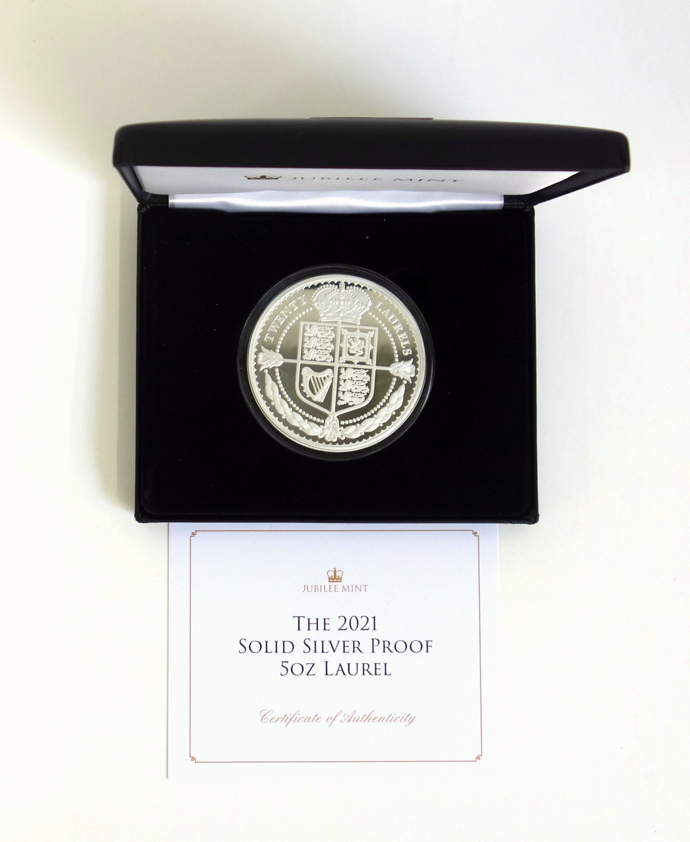 Jubilee Mint Tristan da Cunha Proof silver 20 laurels 5 of coin, 2021, with C of A, in capsule and