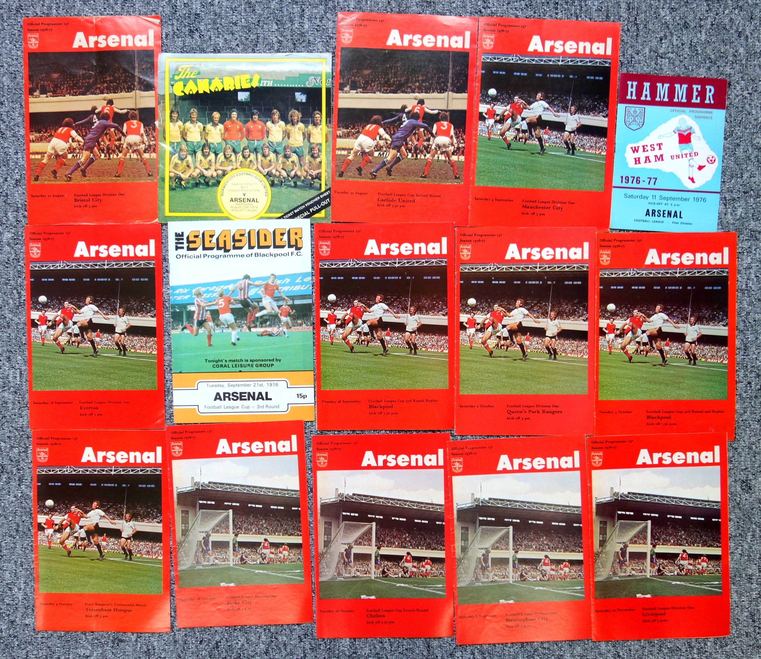 Arsenal Football Club Home and Away Programmes from the 1976-77 season. (39)