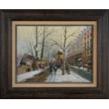 P. Jacques, Champs-Elysees, Paris, View of Arc de Triomphe, oil on board, signed, 29 x 39cm;